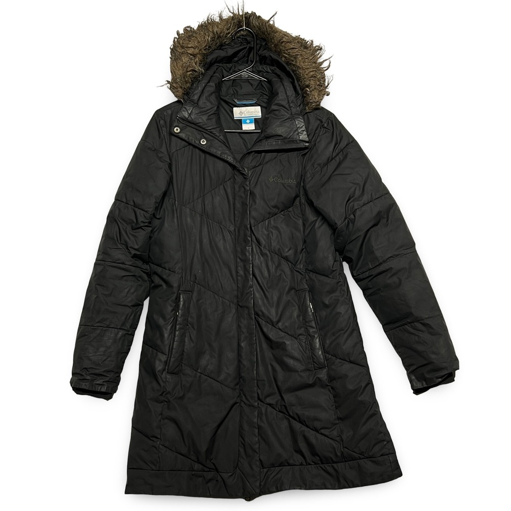 Columbia Puffer Jacket Womens Small Black Good Faux Fur Hood Quilted Parka Coat